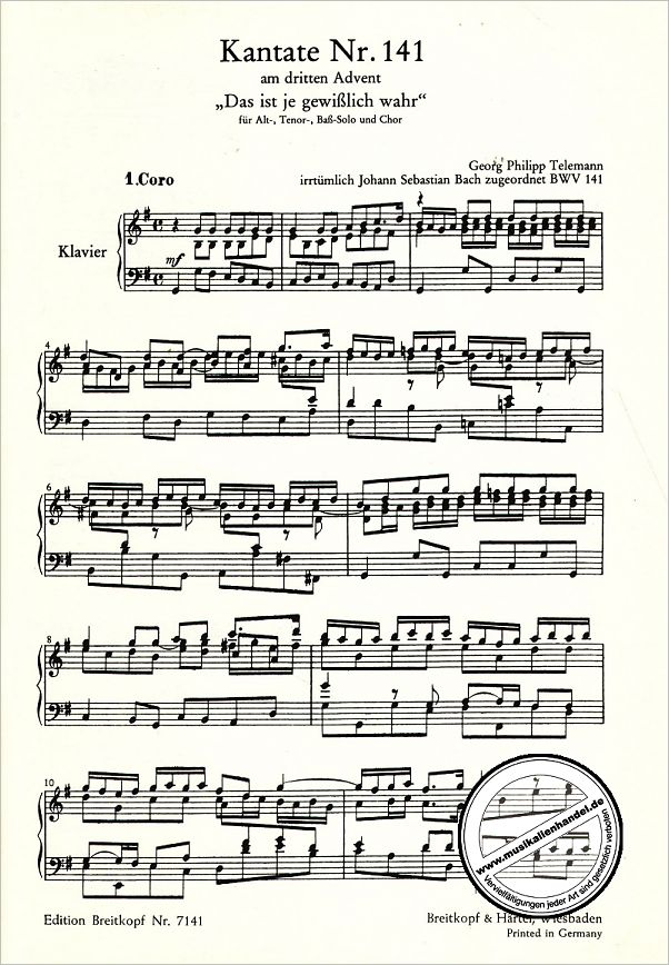 Notenbild für EB 7141 - KANTATE 141 DAS IST JE GEWISSLICH WAHR BWV 141