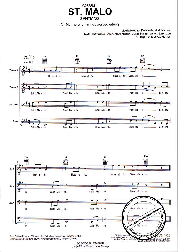 Notenbild für 9783865437778 - St. Malo : für Männerchor und Klavier Partitur und 10 Chorpartituren