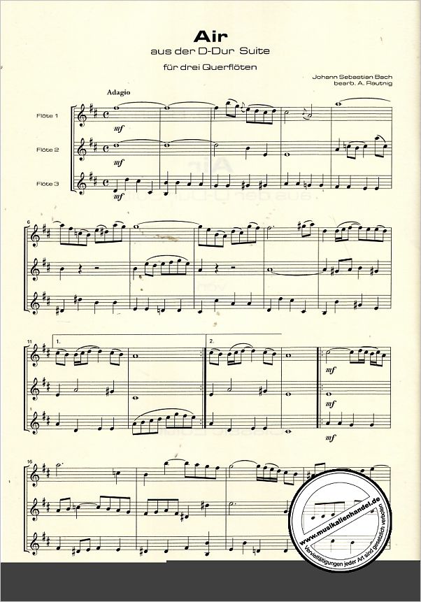 Notenbild für AA 0303-001 - AIR (ORCHESTERSUITE 3 D-DUR BWV 1068)