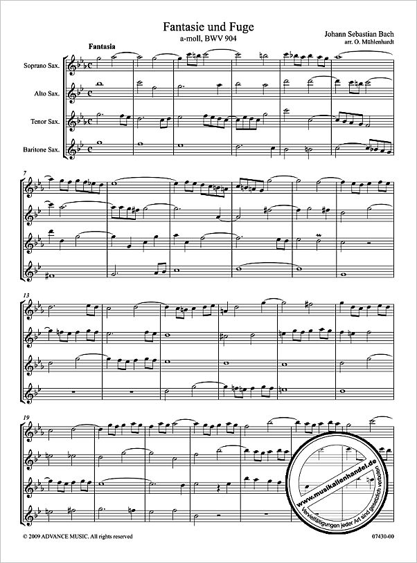 Notenbild für ADV 7430 - FANTASIE + FUGE A-MOLL BWV 904