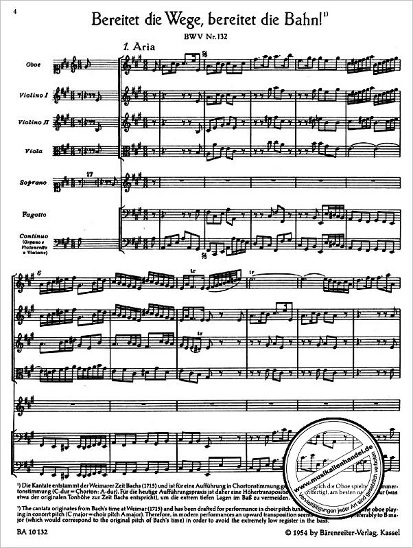 Notenbild für BA 10132 - KANTATE 132 BEREITET DIE WEGE BEREITET DIE BAHN BWV 132