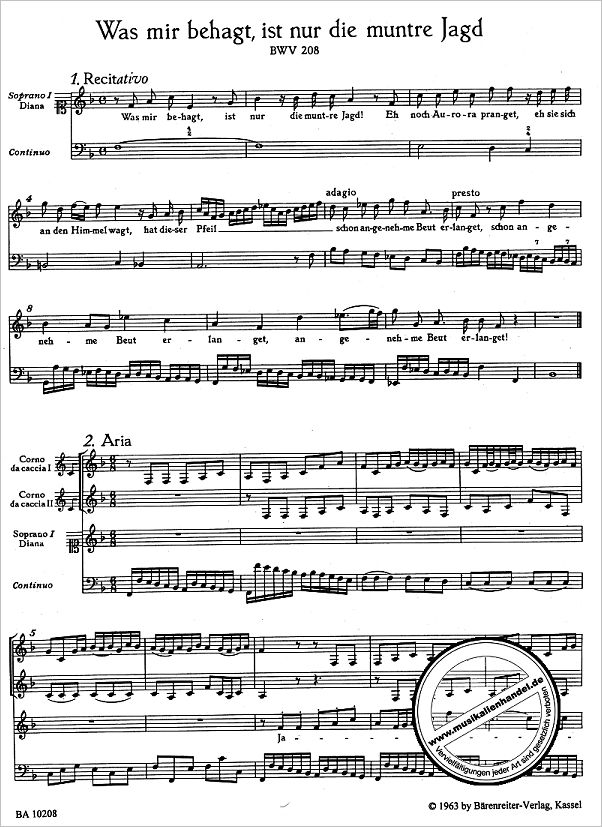 Notenbild für BA 10208 - KANTATE 208 WAS MIR BEHAGT IST NUR DIE MUNTRE JAGD BWV 208