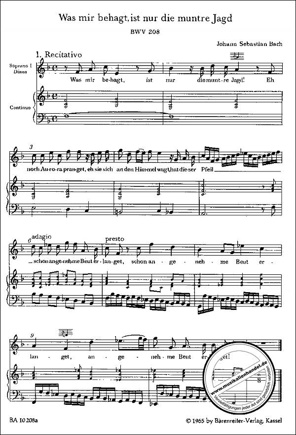 Notenbild für BA 10208-90 - KANTATE 208 WAS MIR BEHAGT IST NUR DIE MUNTRE JAGD BWV 208