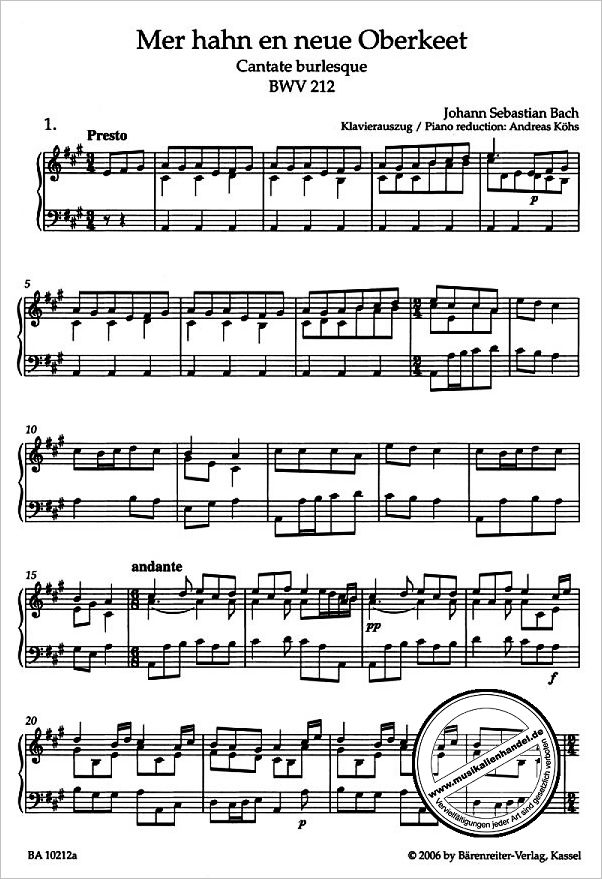 Notenbild für BA 10212-90 - Kantate 212 mer hahn en neue Oberkeet BWV 212 (Bauernkantate)