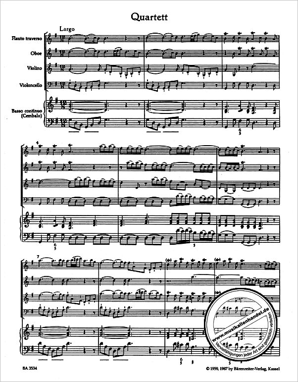 Notenbild für BA 3534 - Quartett für Flöte, Oboe, Violine, Violoncello und Basso continuo G-Dur TWV 43:G2 