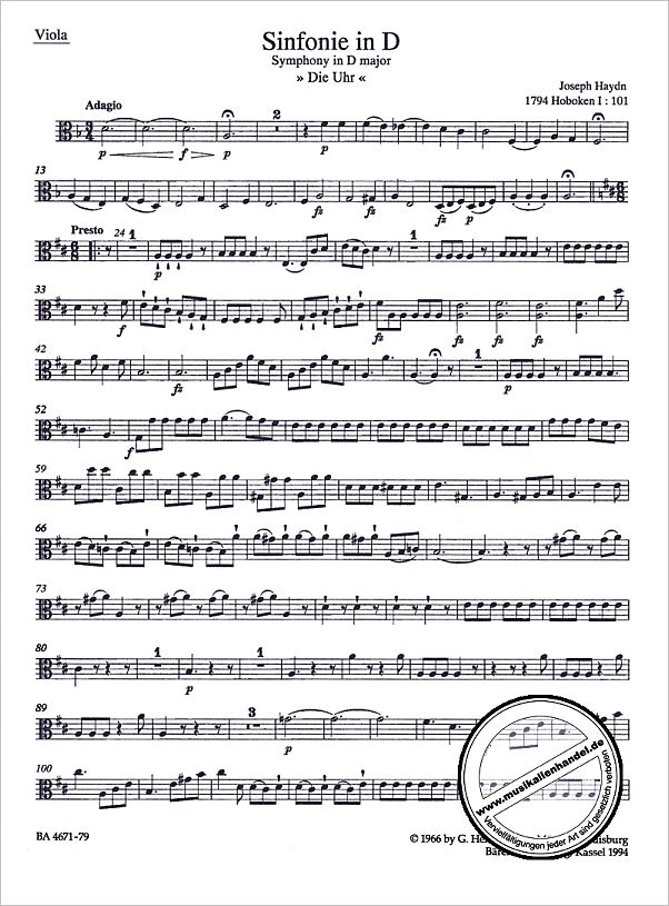Notenbild für BA 4671-79 - Sinfonie 101 D-Dur Hob 1/101 (die Uhr)