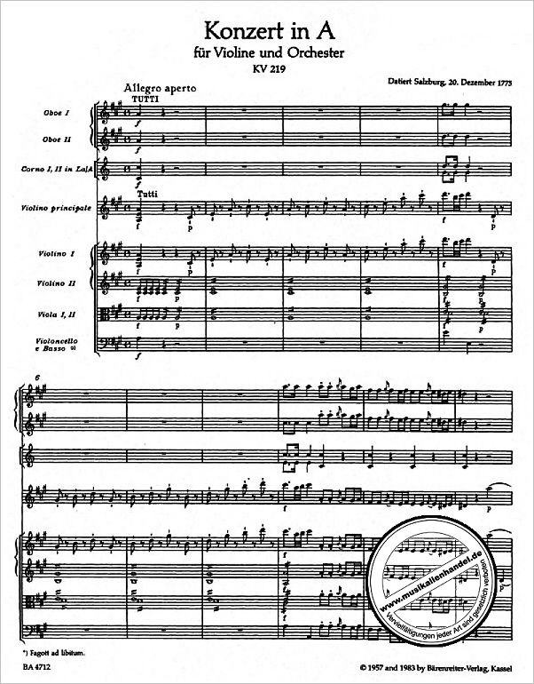 Notenbild für BA 4712 - KONZERT 5 A-DUR KV 219