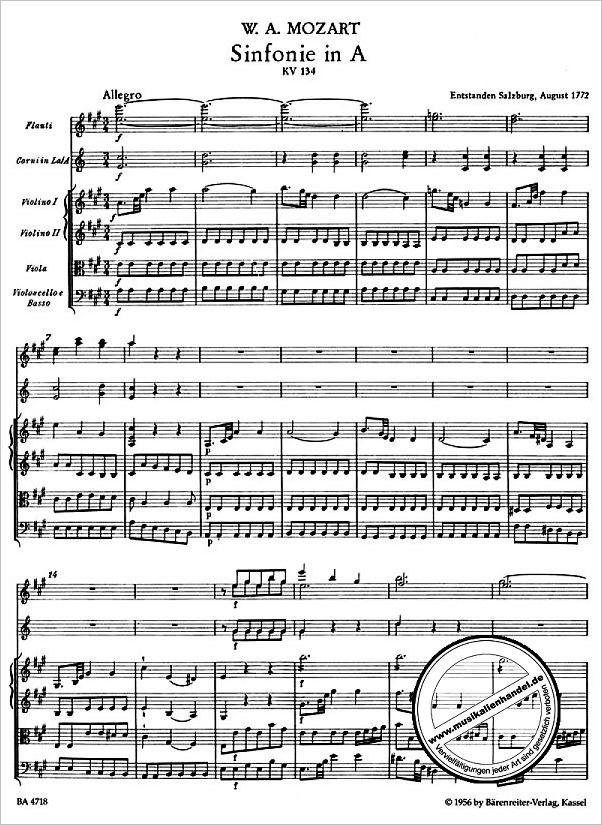 Notenbild für BA 4718 - SINFONIE 21 A-DUR KV 134