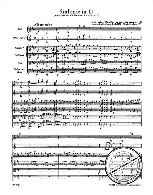 Notenbild für BA 4726 - SINFONIE D-DUR KV 196/121