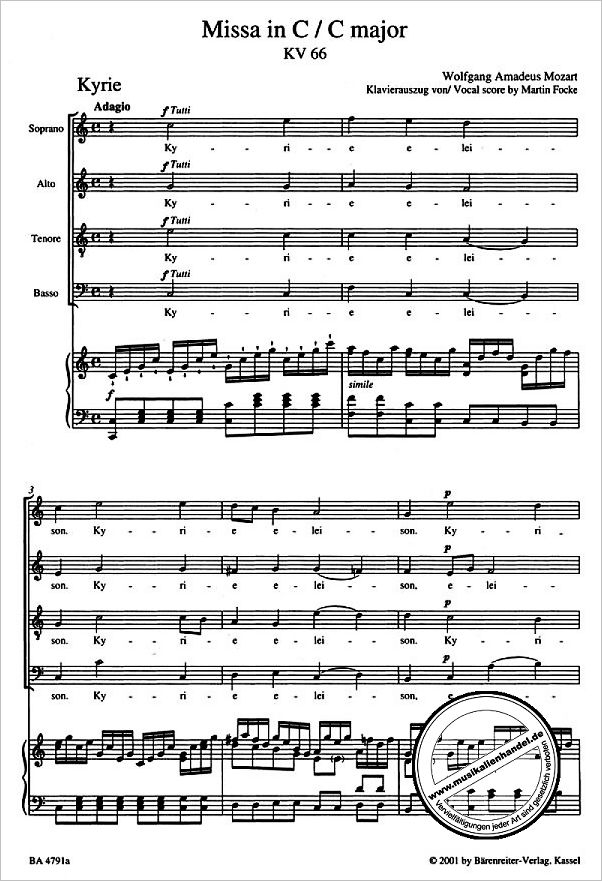 Notenbild für BA 4791-90 - Missa C-Dur KV 66 (Dominicusmesse)