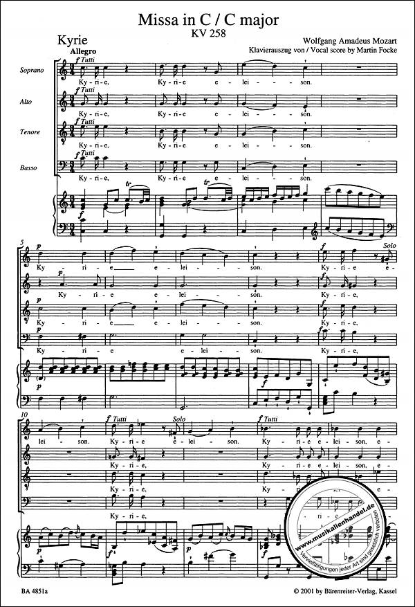 Notenbild für BA 4851-90 - Missa brevis C-Dur KV 258 (Piccolo / Spaur Messe)