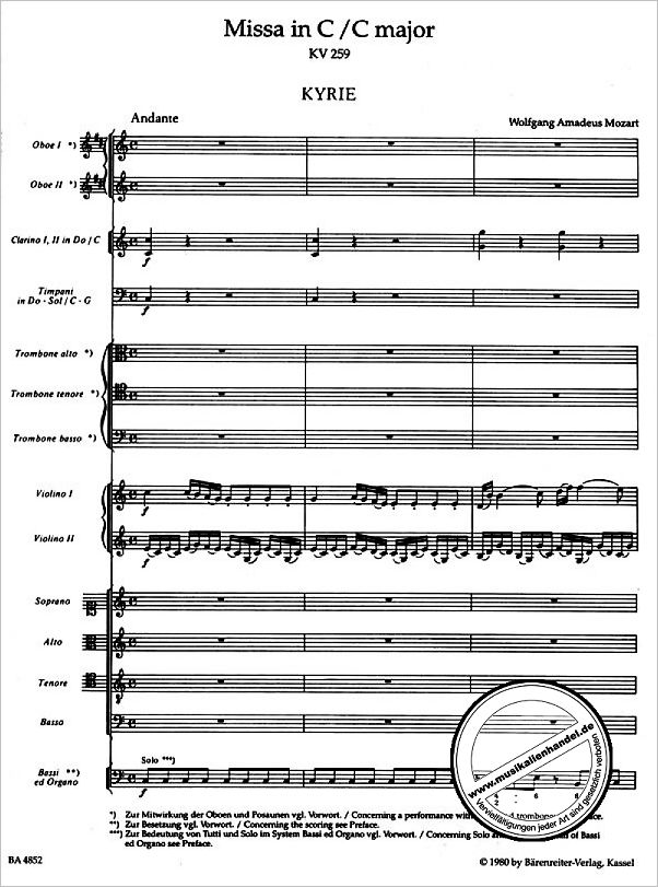 Notenbild für BA 4852 - MISSA BREVIS C-DUR KV 259 (ORGELSOLOMESSE)