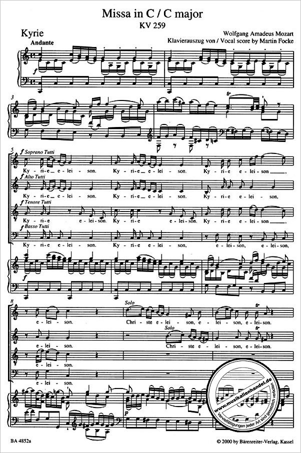 Notenbild für BA 4852-90 - Missa brevis C-Dur KV 259 (Orgelsolomesse)
