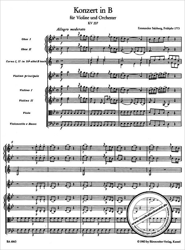 Notenbild für BA 4863 - KONZERT 1 B-DUR KV 207