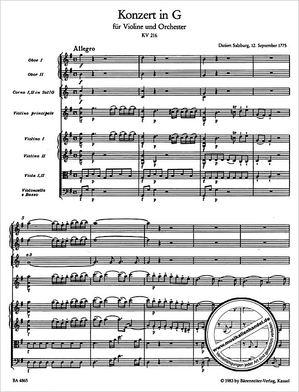 Notenbild für BA 4865 - KONZERT 3 G-DUR KV 216