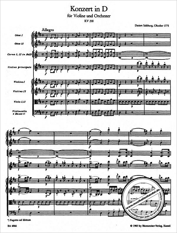 Notenbild für BA 4866 - KONZERT 4 D-DUR KV 218