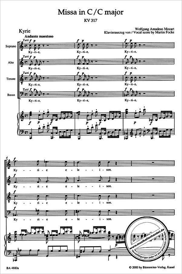 Notenbild für BA 4880-90 - Missa C-Dur KV 317 (Krönungsmesse)