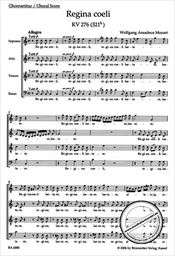 Notenbild für BA 4888 - REGINA COELI C-DUR KV 276