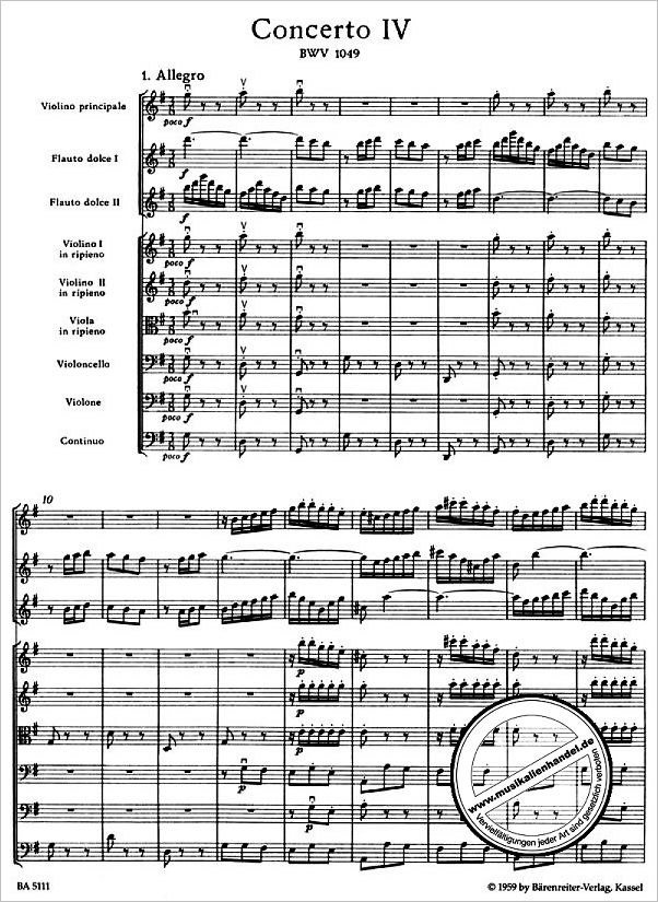 Notenbild für BA 5111 - BRANDENBURGISCHES KONZERT 4 G-DUR BWV 1049
