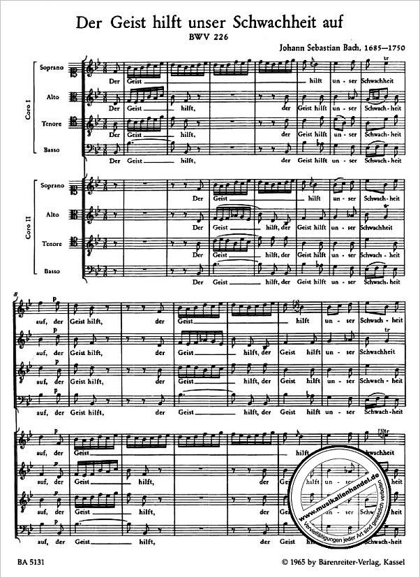 Notenbild für BA 5131 - DER GEIST HILFT UNSER SCHWACHHEIT AUF BWV 226