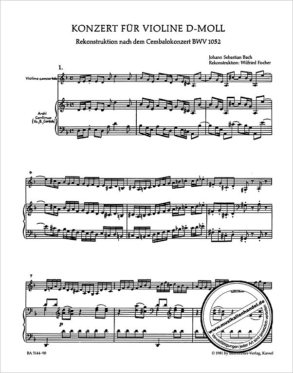 Notenbild für BA 5144-90 - Konzert d-moll nach BWV 1052