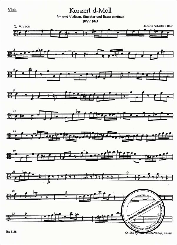 Notenbild für BA 5188-79 - Konzert d-moll BWV 1043