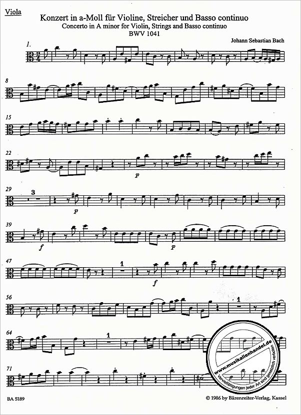 Notenbild für BA 5189-79 - Konzert 1 a-moll BWV 1041