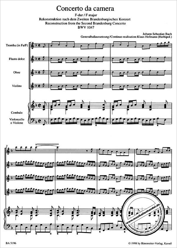Notenbild für BA 5196 - CONCERTO DA CAMERA F-DUR BWV 1047