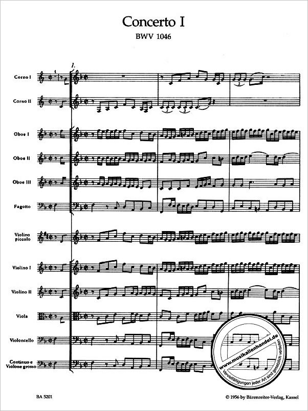 Notenbild für BA 5201 - BRANDENBURGISCHES KONZERT 1 F-DUR BWV 1046 + 1046A
