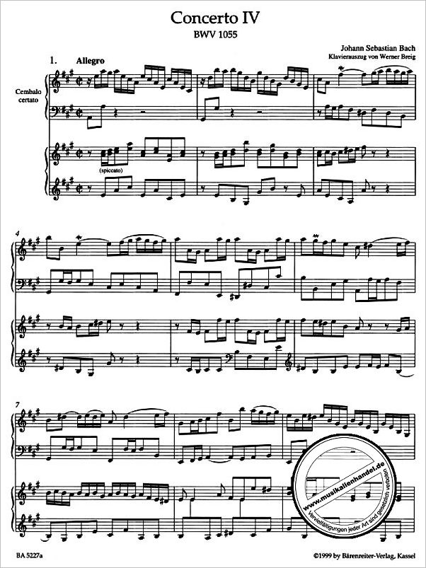 Notenbild für BA 5227-90 - Concerto 4 A-Dur BWV 1055