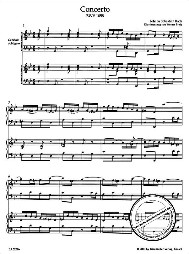 Notenbild für BA 5230-90 - Konzert 7 g-moll BWV 1058