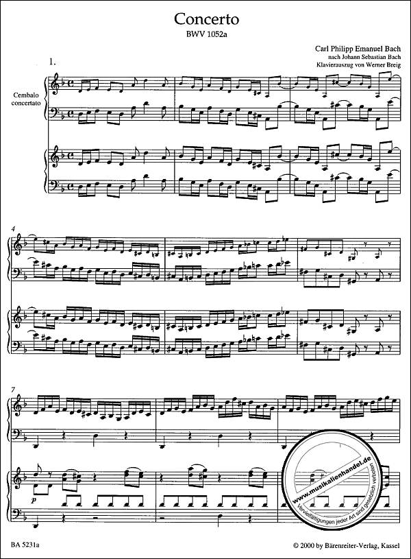 Notenbild für BA 5231-90 - Konzert d-moll BWV 1052a