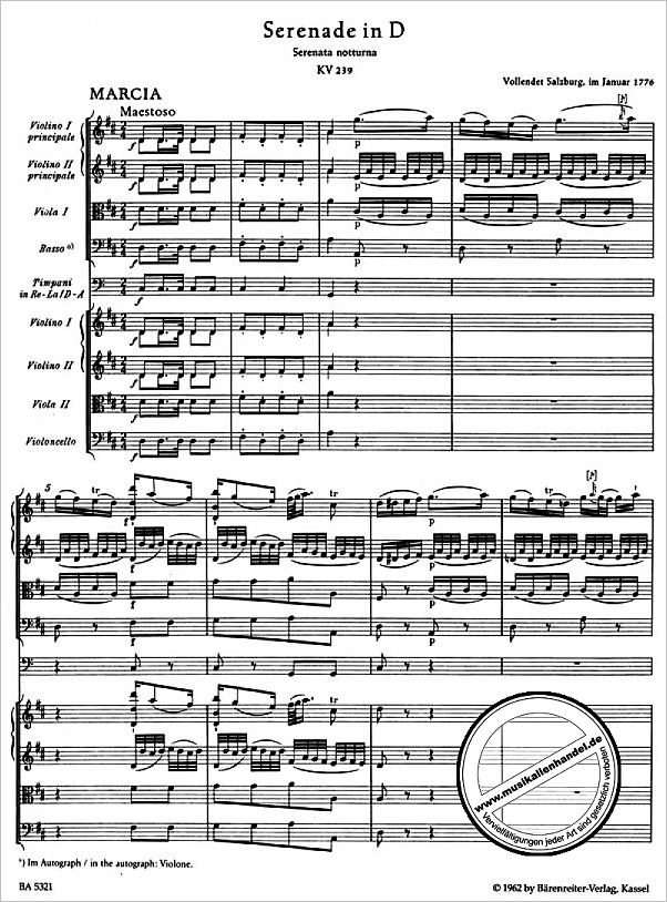 Notenbild für BA 5321 - SERENADE 6 D-DUR KV 239