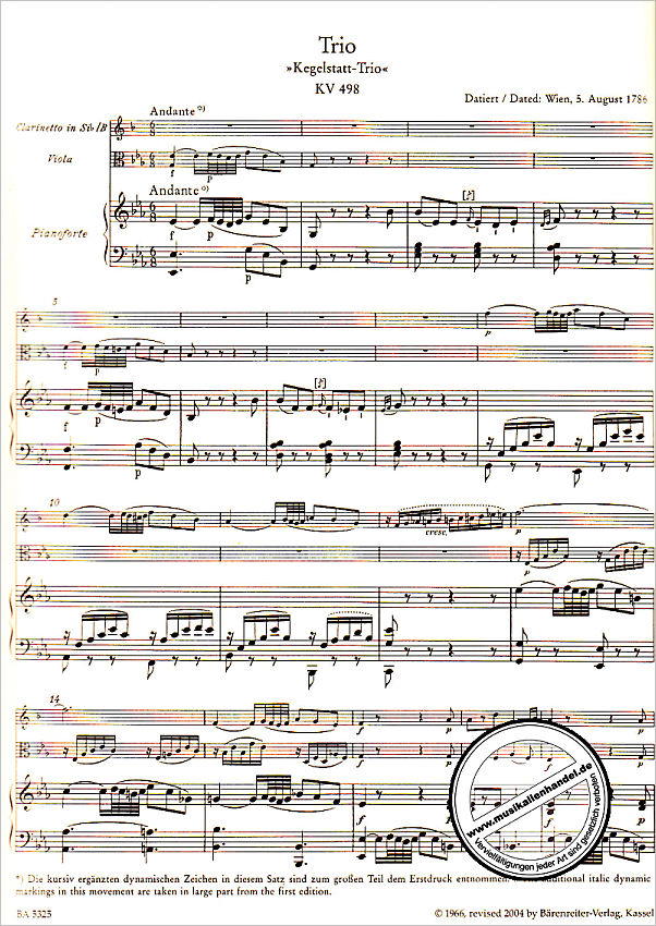 Notenbild für BA 5325 - Trio für Klavier, Klarinette und Viola Es-Dur KV 498 