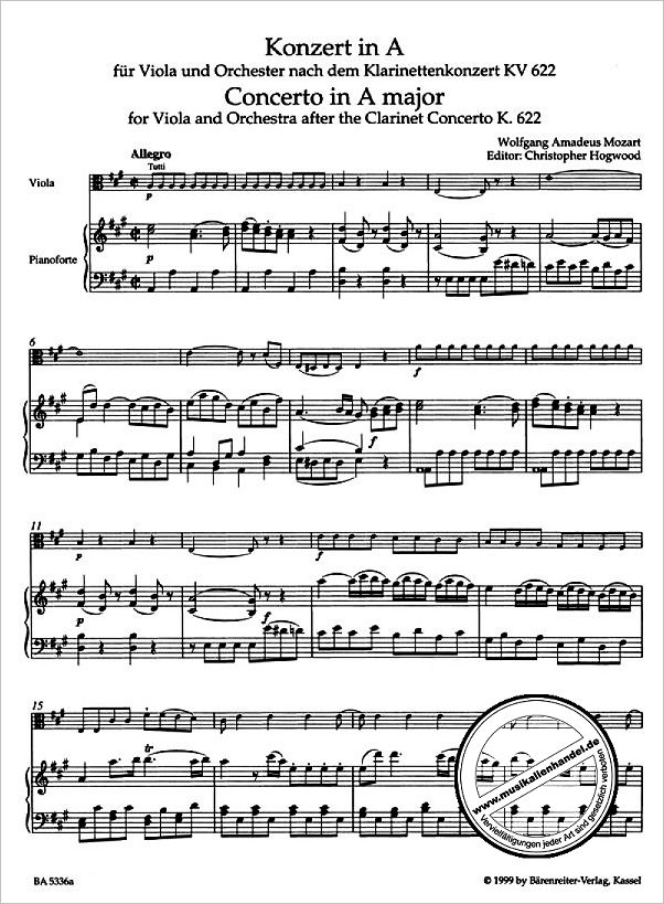 Notenbild für BA 5336-90 - Konzert A-Dur KV 622