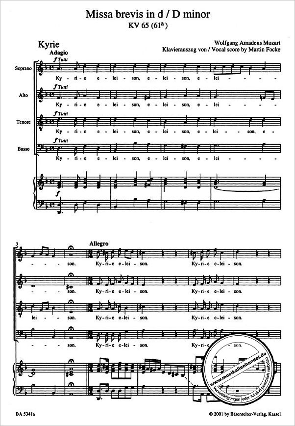 Notenbild für BA 5341-90 - Missa brevis d-moll KV 65 (61)