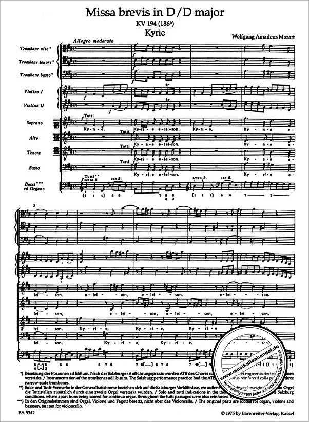 Notenbild für BA 5342 - MISSA BREVIS D-DUR KV 194 (186H)