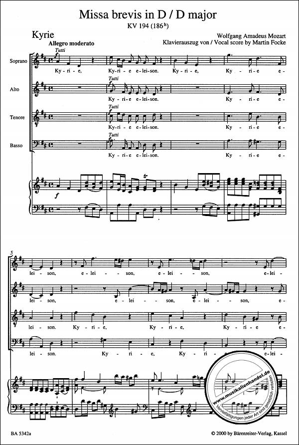 Notenbild für BA 5342-90 - Missa brevis D-Dur KV 194 (186h)