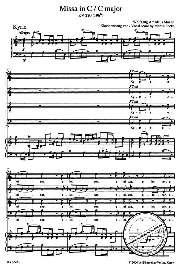 Notenbild für BA 5343-90 - Missa brevis C-Dur KV 220 (Spatzenmesse)