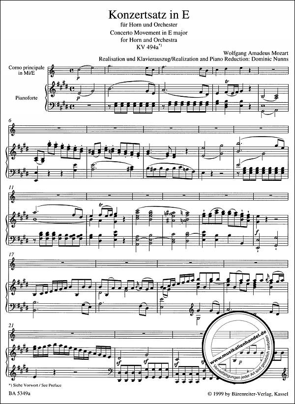 Notenbild für BA 5349-90 - Konzertsatz E-Dur KV 494a