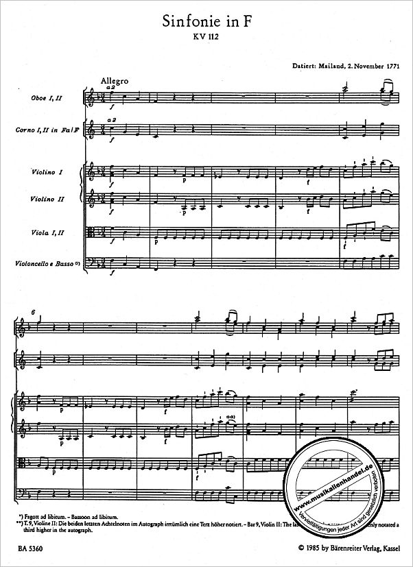 Notenbild für BA 5360 - SINFONIE F-DUR KV 112