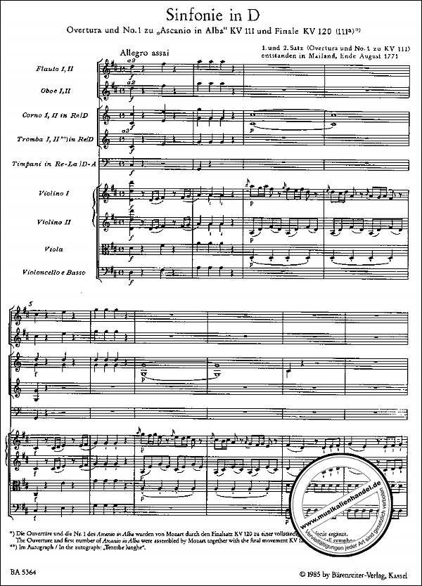 Notenbild für BA 5364 - SINFONIE D-DUR KV 111/120