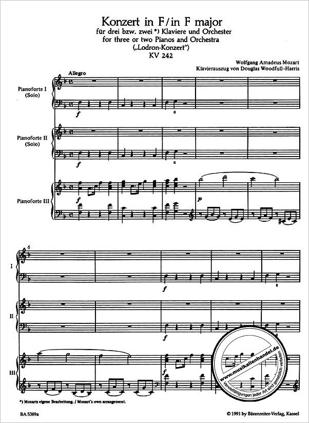 Notenbild für BA 5389-90 - Konzert F-Dur KV 242
