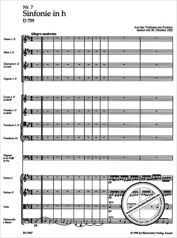 Notenbild für BA 5647 - SINFONIE 7 (8) H-MOLL D 759 (UNVOLLENDETE)