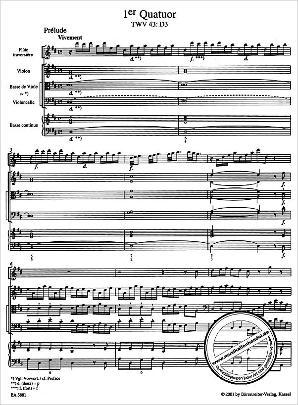 Notenbild für BA 5881 - Nouveaux Quatuors en Six Suites I für Flöte, Violine, Viola da gamba oder Violoncello und Basso continuo 