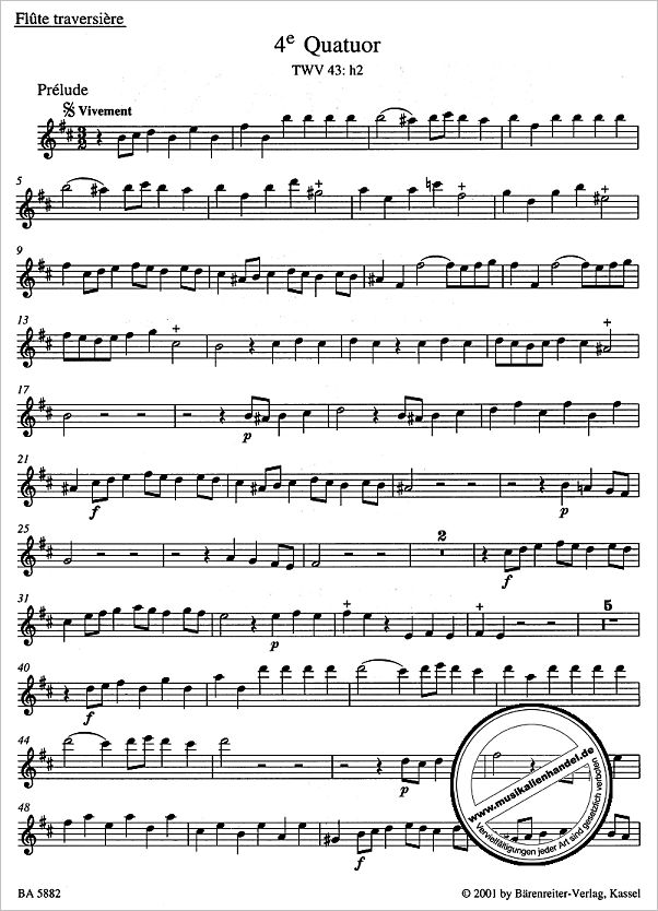 Notenbild für BA 5882 - Nouveaux Quatuors en Six Suites II für Flöte, Violine, Viola da gamba oder Violoncello und Basso continuo 