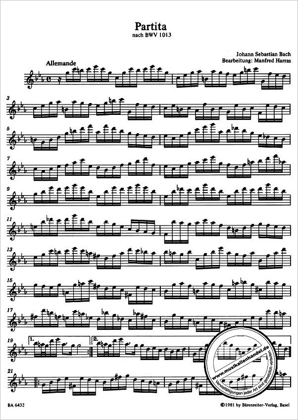 Notenbild für BA 6432 - PARTITA C-MOLL (ORIGINAL A-MOLL) BWV 1013