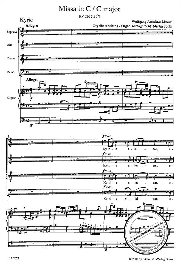 Notenbild für BA 7522 - MISSA BREVIS C-DUR KV 220 (SPATZENMESSE)