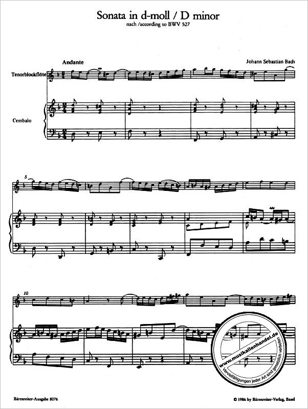 Notenbild für BA 8076 - SONATE D-MOLL NACH BWV 527