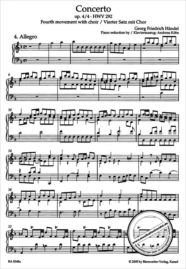 Notenbild für BA 8348-90 - Konzert F-Dur op 4/4 HWV 292 (Satz 4)